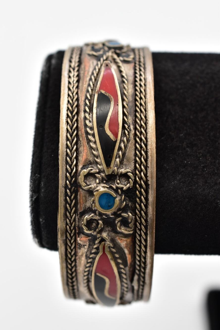 Vintage Tibetan Silver Bangle Bracelet Turquoise Red Black Inlay Ornate BinD